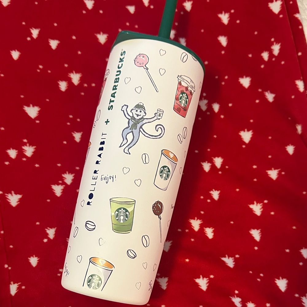 Starbucks x Roller Rabbit Stainless Steel Tumbler Venti Green Lid Straw New